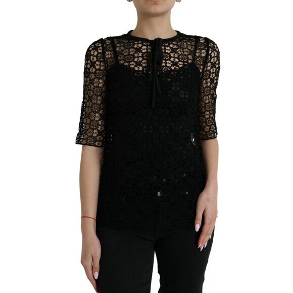 Dolce & Gabbana Black Floral Lace Short Sleeves Blouse Women's Top